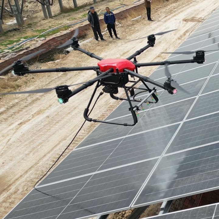 Commercial cleaning drone washing solar panels, professional industrial cleaning drone for high-rise and solar panel maintenance