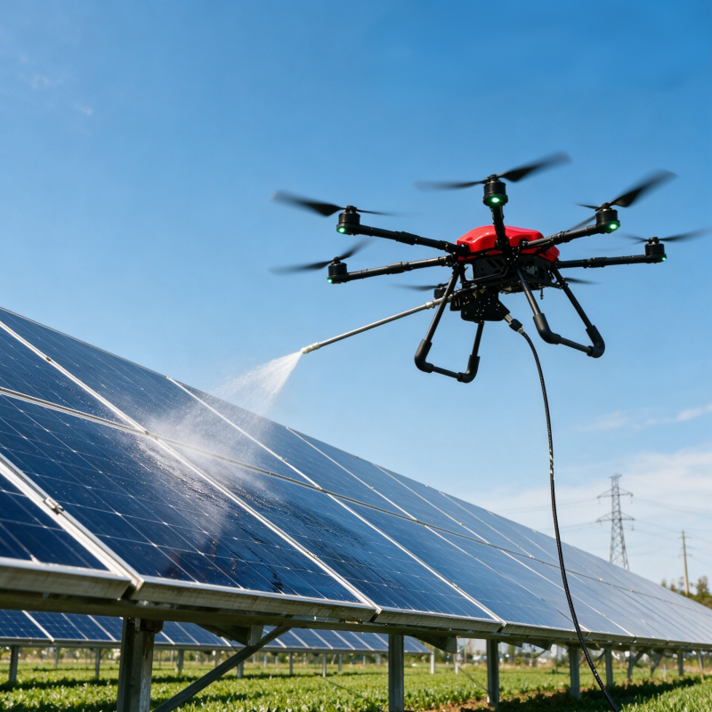 Top solar panel cleaning drones working on large ground solar farm