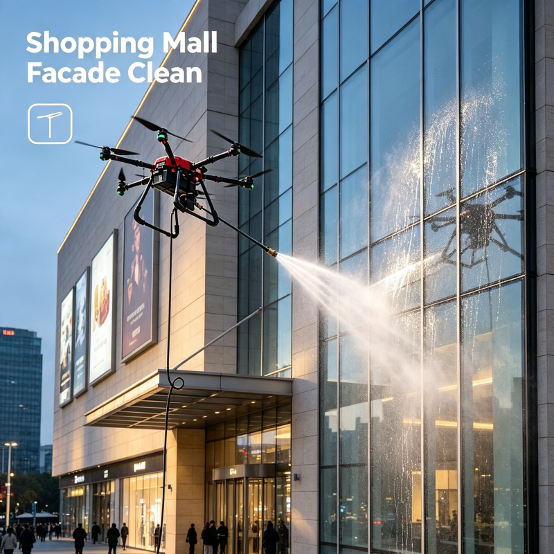 Cleaning drone for shopping mall facade zero-disturbance commercial building cleaning