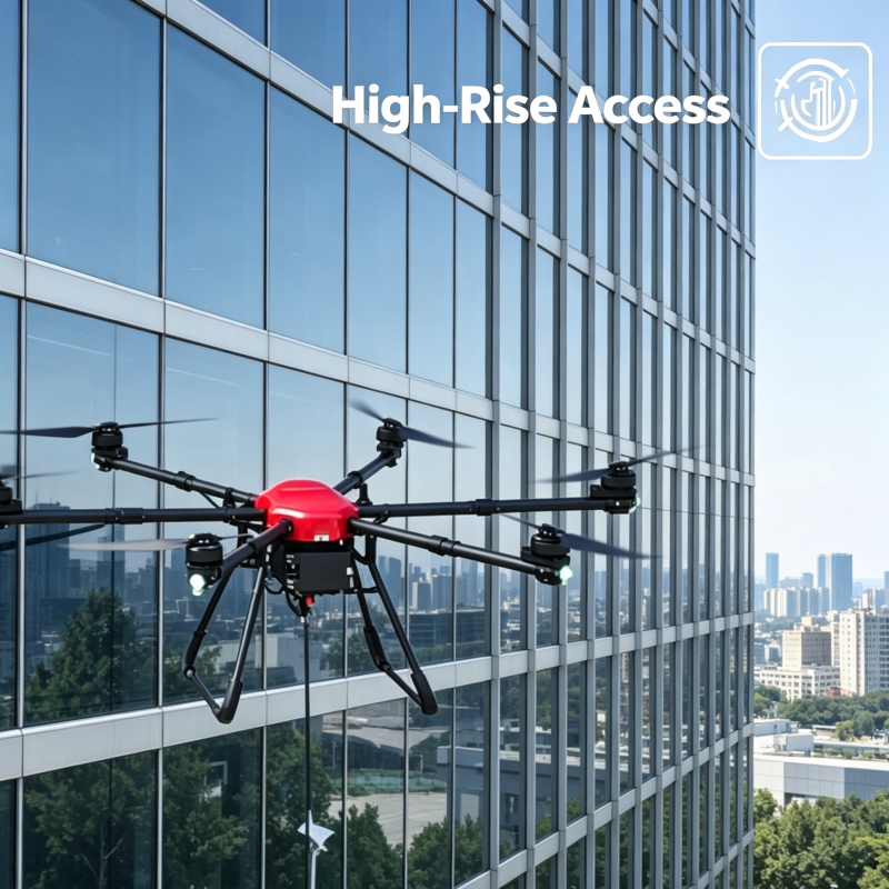 certified pilot operating window cleaning drone near commercial buildings