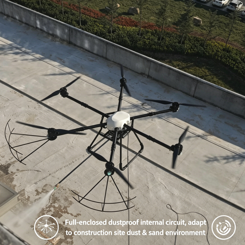 Industrial obstacle avoidance drone detecting barriers during exterior wall washing