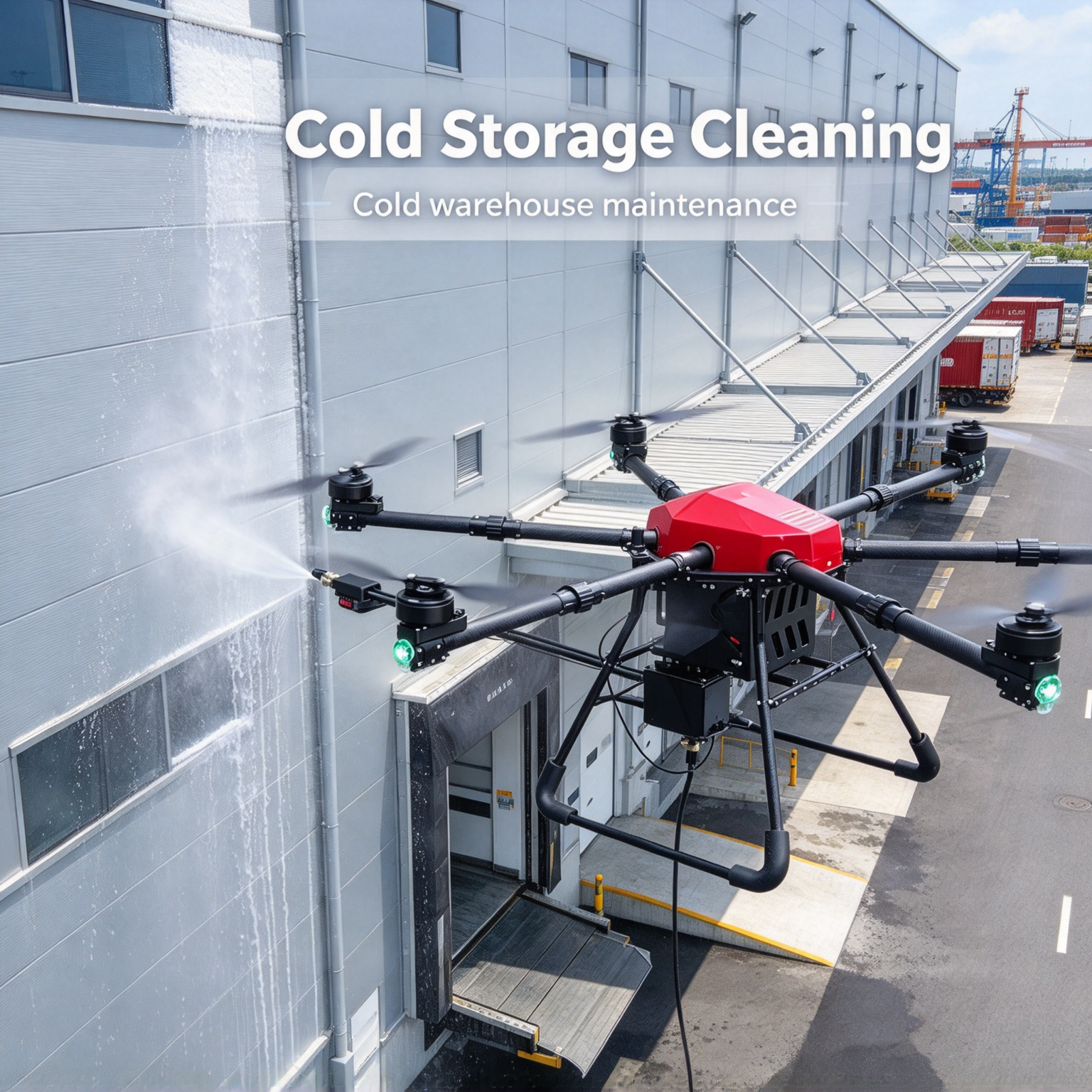 - Tethered power washing drone spraying high-pressure water on concrete building exterior