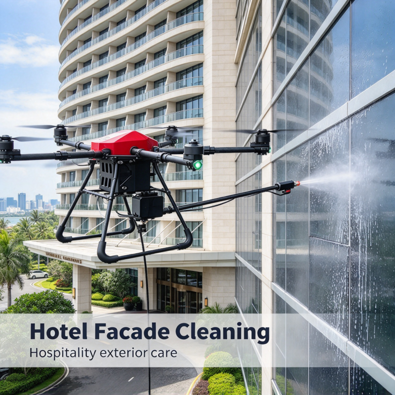 - Automated window washing equipment rinsing hotel facade glass panels