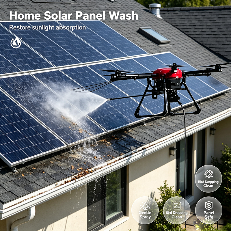 Close-up of Hoch solar cleaning drone spray nozzle cleaning PV panels
