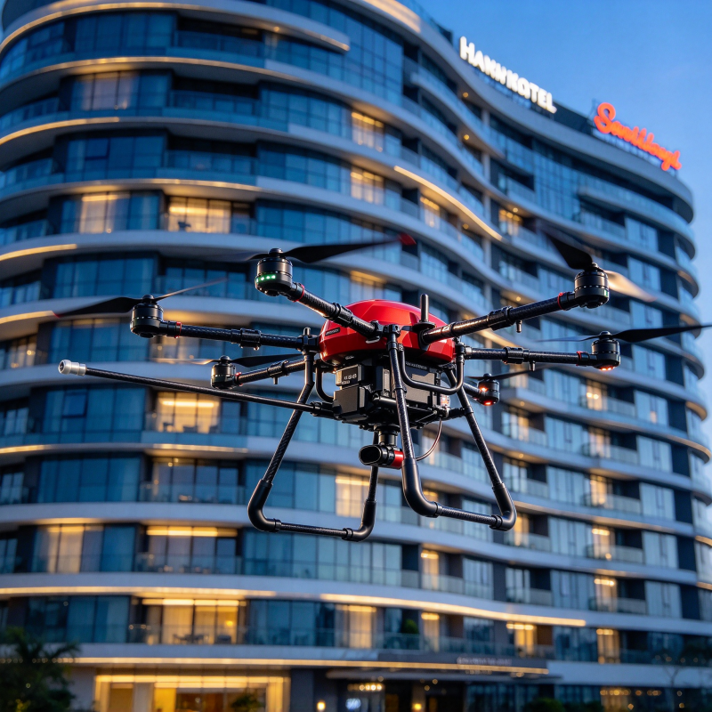Industrial power washing drone working on high-rise building facade commercial cleaning