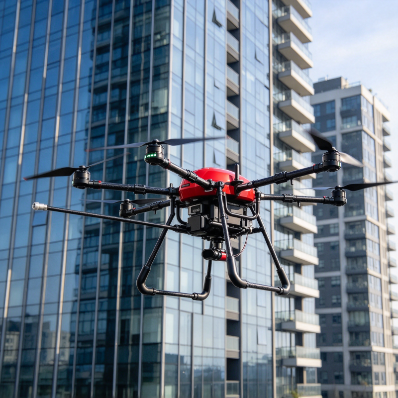 - Commercial drone for building maintenance cleaning an office facade