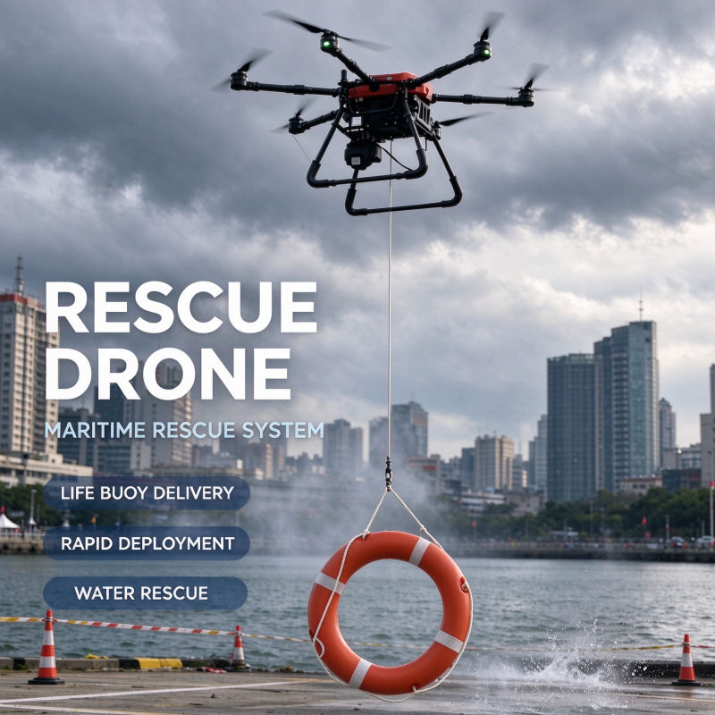 - Rescue drone lifebuoy drop delivering a ring over open water